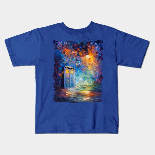 Blue Phone Booth with the moon light rainbow abstract Kids T-Shirt by Dezigner007